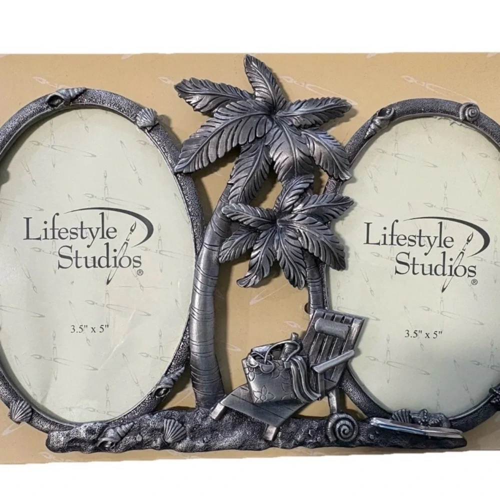 Nautical Beachy Tropical Coadtal Double Frame Pewter Dual Frame Palm Tree Shells